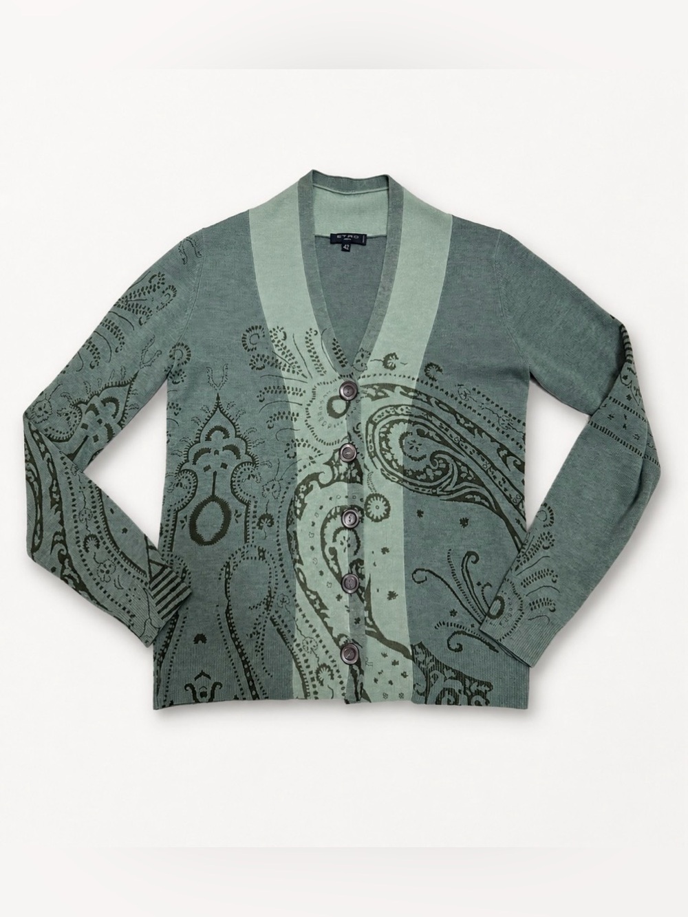 ETRO Milano Wool Cashmere Angora Cardigan 42 Green Paisley Button Italian Knit